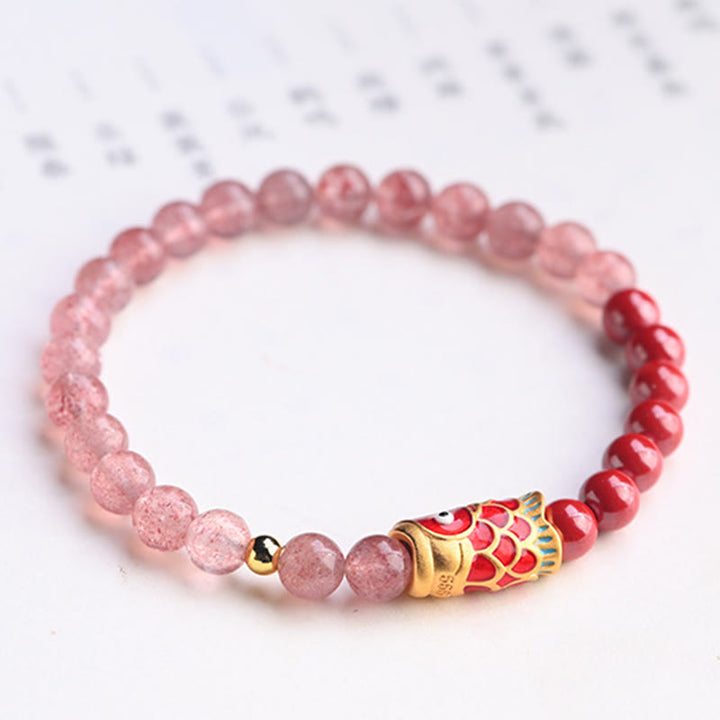 Buddha Stones Naturalny Kwarc Truskawkowy Cynober Lucky Koi Fish Healing Bransoletka