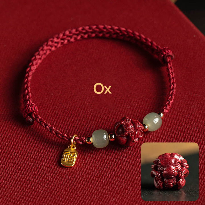 Buddha Stones Naturalny Cynober Chiński Zodiak Hetian Jade Fu Charakter Szczęścia Bransoletka Lina