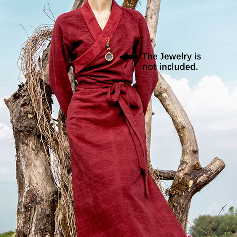 Buddha Stones Tybetańska Sukienka Odzież Lhasa Długa Sukienka Kopertowa Maxi Sukienka Damska Odzież - image 6