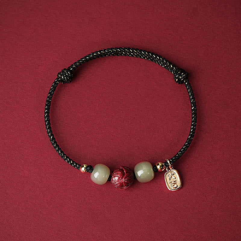 Buddha Stones 14K pozłacane Hetian Jade Cynober Lotos Szczęście Bransoletka Ręcznie Robiona z Linii - Czarna lina (obwód nadgarstka 13-18 cm) - image 6