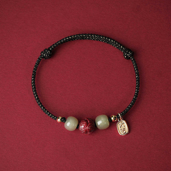 Buddha Stones 14K pozłacane Hetian Jade Cynober Lotos Szczęście Bransoletka Ręcznie Robiona z Linii - Czarna lina (obwód nadgarstka 13-18 cm) - image 6