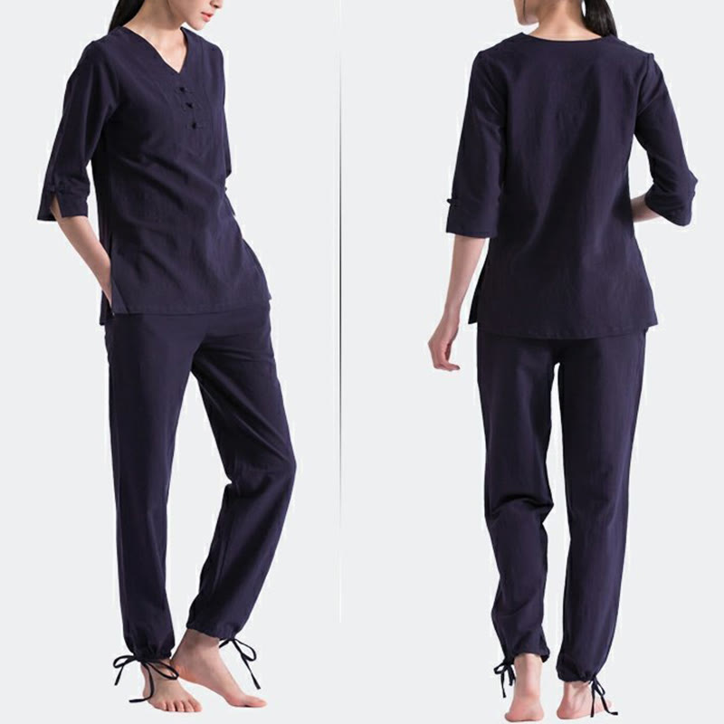 Buddha Stones Joga Medytacja Modlitwa Dekolt w serek Projekt Bawełna Len Odzież Jednolita Praktyka Zen Zestaw Damski - image 4