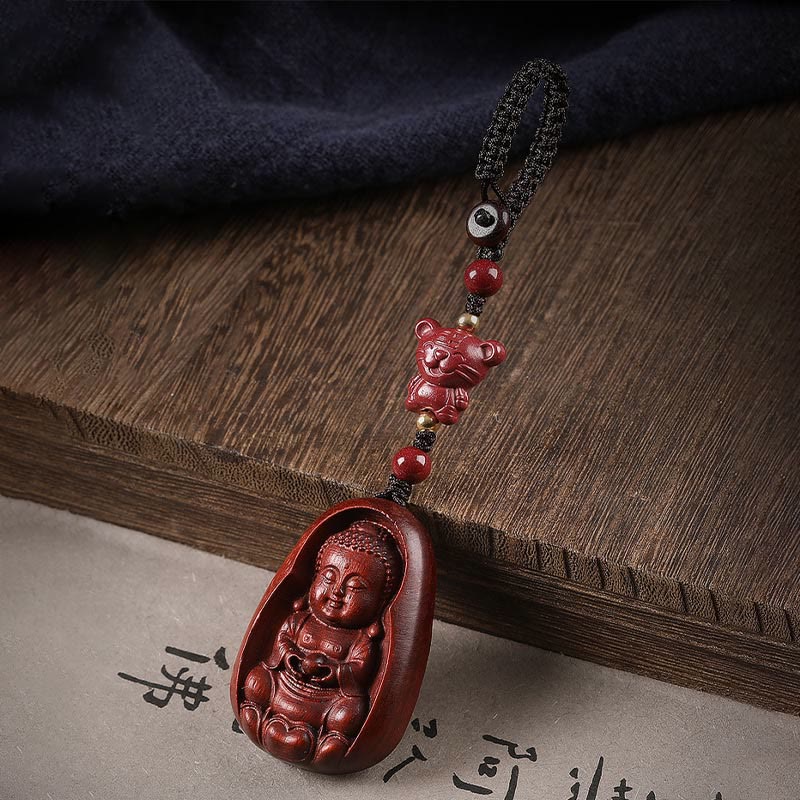 Buddha Stones Mały liść Czerwony Sandałowiec Budda Cynober Chiński Zodiak Amulet Ochrona Brelok