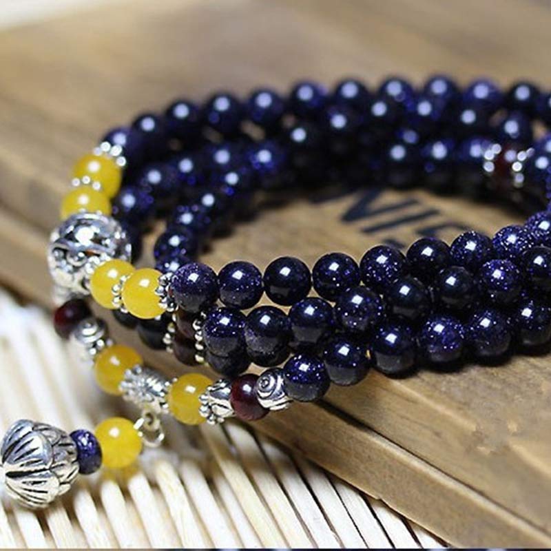 Bransoletka z zawieszkami bogactwa z niebieskiego piaskowca i Buddha Stones Mala