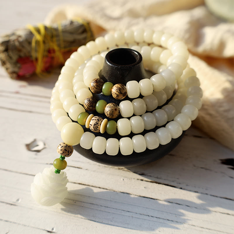 Buddha Stones Biały Jadeit Bodhi Lotus Mala Harmony Naszyjnik Bransoletka