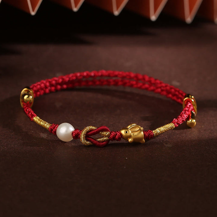 Buddha Stones 24K Złoty Uchwyt Życzenia Ruyi Fu Charakter Królik Perła Szczęście Bransoletka Pleciona - Złota perła królika 24K (obwód nadgarstka 14-19 cm) - image 10