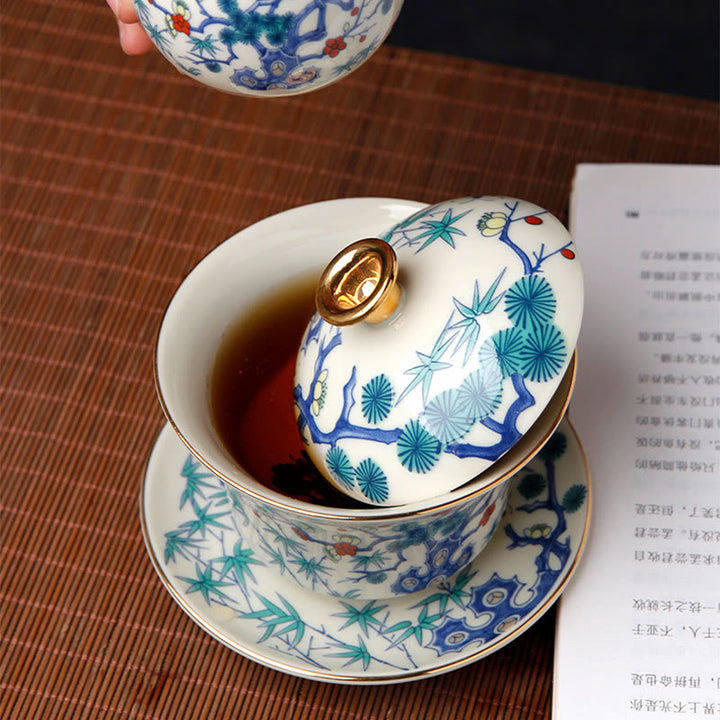 Buddha Stones Retro Śliwkowy Kwiat Sosna Bambus Feniks Kirin Ceramiczny Gaiwan Sancai Filiżanka do herbaty Kung Fu Filiżanka do herbaty i spodek z pokrywką