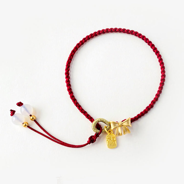 Buddha Stones Ręcznie Robione Brzoskwiniowe Kwiaty Rozeta Kokarda Węzeł Fu Charakter Charm Szczęście Fortuna Czerwona Bransoletka Lina