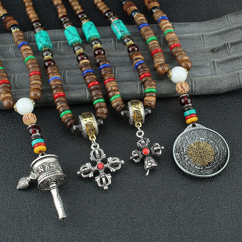 Buddha Stones Tybetańskie Om Mani Padme Hum Modlitewne Koło Obrotowe Naszyjnik Wisiorek z Drewna Vajra - image 14