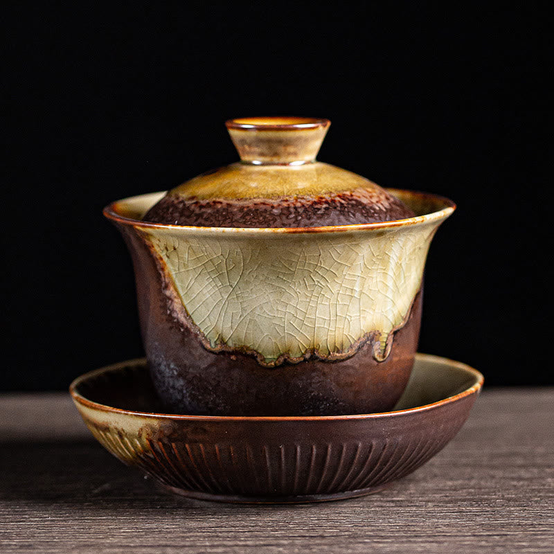 Buddha Stones Vintage Brązowy Piec Zmiana Projektu Porcelana Ceramiczna Gaiwan Sancai Filiżanka Kung Fu Filiżanka I Spodek Z Pokrywką