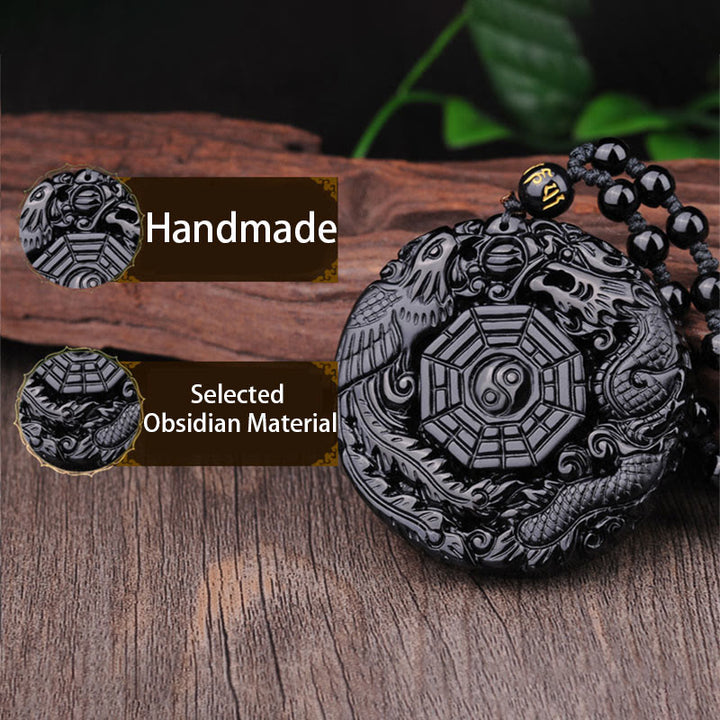 Buddha Stones Naszyjnik z wisiorkiem Bagua Dragon Phoenix Obsydian Spełnienie - image 6