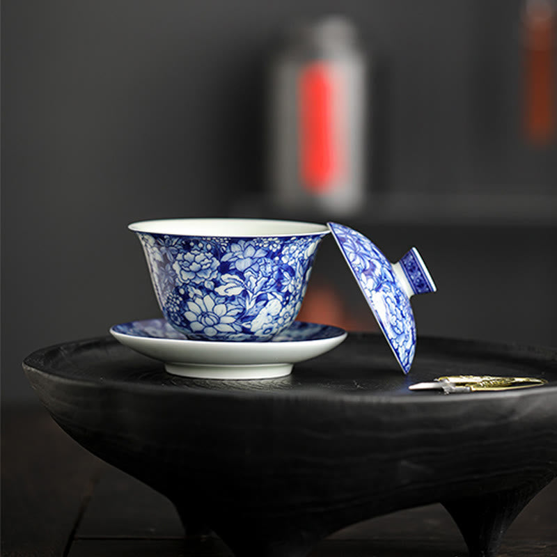 Buddha Stones Vintage Niebieski I Biały Porcelana Ceramiczna Gaiwan Sancai Filiżanka Kung Fu Filiżanka I Spodek Z Pokrywką