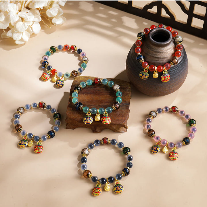 Buddha Stones Kolorowe Cukierki Agat Złoty Połykający Bestia Rodzina Liuli Szklane Koraliki Siła Bransoletka