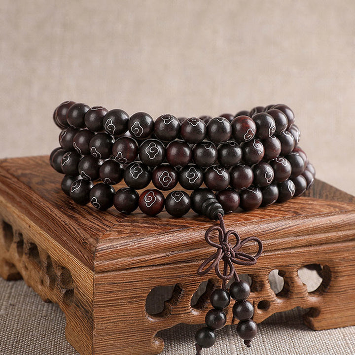 Buddha Stones 925 Srebro Inkrustowane Małymi Liśćmi Czerwonego Sandału Om Mani Padme Hum Charakter Pomyślne Chmury Bransoletka Ochronna