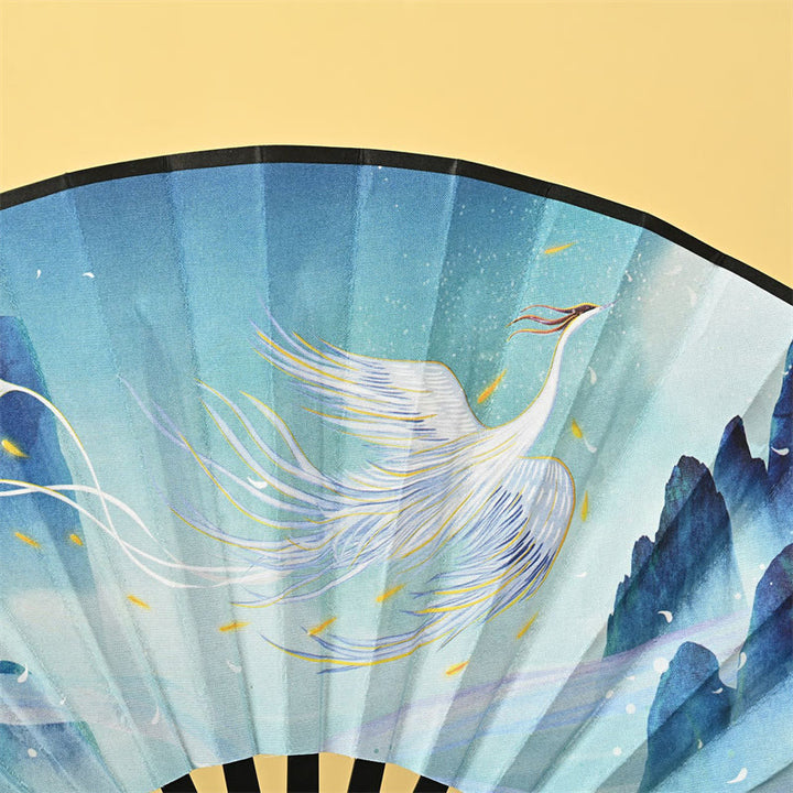 Buddha Stones Vintage Phoenix Dziewięcioogoniasty Lis Kwiat Bambus Tygrys Ręczny Składany Wachlarz Wachlarz Z Chwostem Lotosu