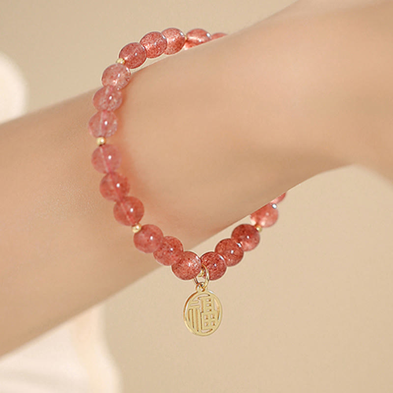 Bransoletka z Buddha Stones 14K pozłacana kwarcem truskawkowym Fu Character Healing Charm