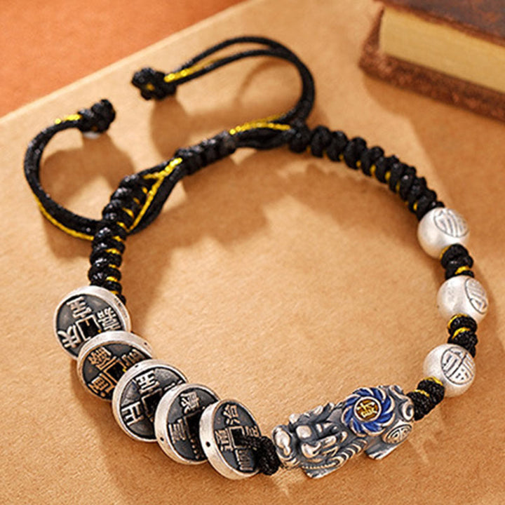 Buddha Stones 999 Srebro Sterlingowe FengShui PiXiu Miedziana Moneta Fu Charakter Bogactwo Bransoletka Pleciona