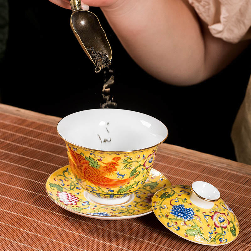 Buddha Stones Smok Feniks Kwiat Projekt Ceramiczny Gaiwan Sancai Filiżanka Kung Fu Filiżanka Do Herbaty I Spodek Z Pokrywką - image 5
