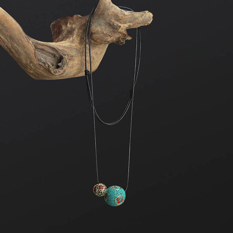 Buddha Stones Tybetański Turkus Podwójny Koralik Ochrona Siła Naszyjnik Wisiorek - image 1