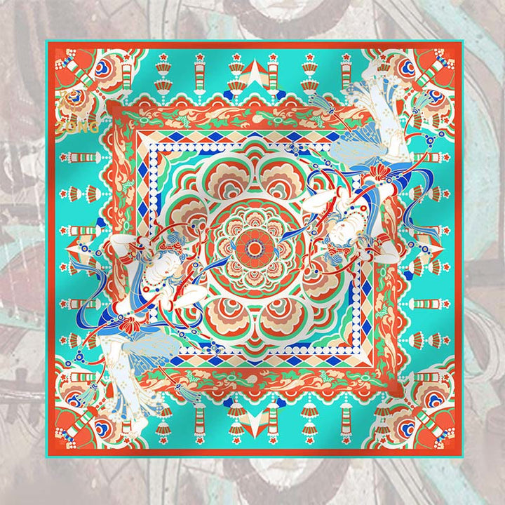 Buddha Stones Dunhuang Muzyk grający na freskach 100% jedwabny szal morwowy Premium Grade 6A Dunhuang Jedwabny szal