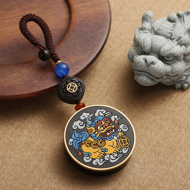 Buddha Stones PiXiu Miedziana Moneta Drewno Hebanowe Szczęście Przyciąga Bogactwo Brelok Dekoracja