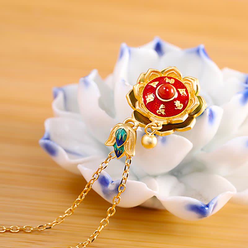 Naszyjnik z wisiorkiem z czerwonego agatu i koła modlitewnego z tybetańskiego srebra próby 925 - image 2