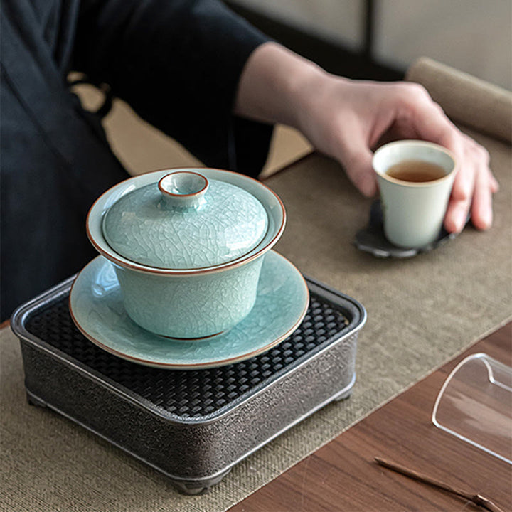 Buddha Stones Retro Zielony Lodowy Glazura Ceramiczny Gaiwan Sancai Filiżanka Kung Fu Filiżanka I Spodek Z Pokrywką