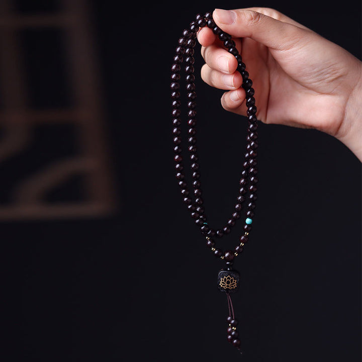 Buddha Stones 108 Mala Koraliki Tybetańskie Małe Liście Czerwone Drzewo Sandałowe Bransoletka Równowagi Lotosu - image 1