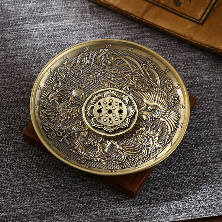 Buddha Stones Lotos Smok Feniks Osiem Pomyślnych Symboli Stop Cynkowy Uchwyt Na Kadzidełka Uzdrawiający Kadzielnica Dekoracja - Brązowy Smok Feniks (z kadzidełkiem o dziewięciu otworach Lotus) - image 7