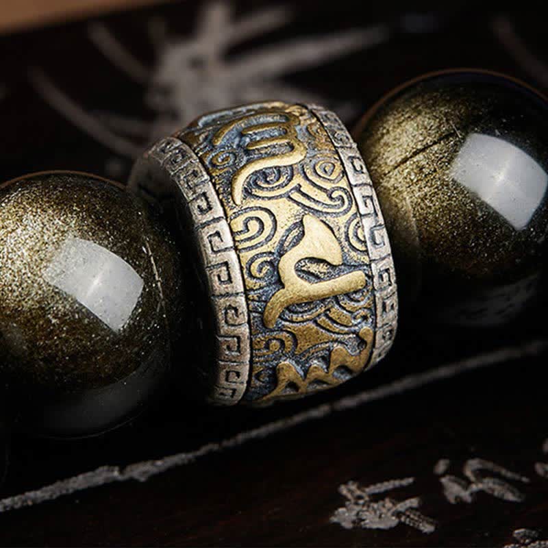 Buddha Stones Złoty Połysk Obsydian PiXiu Cynober Om Mani Padme Hum Bransoletka Ochronna