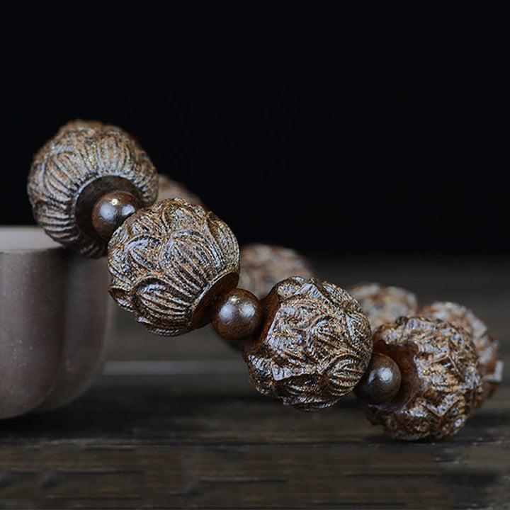 Buddha Stones Drewno Hebanowe Osiemnastu Arhatów Lotos Smok Grawerowana Bransoletka Równowagi