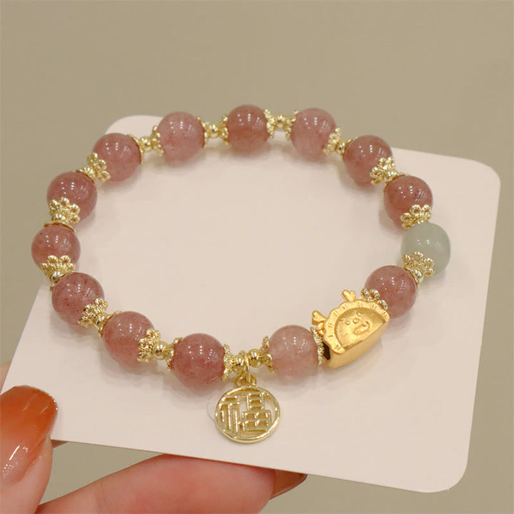 Buddha Stones Rok Smoka Czerwony Agat Kwarc Truskawkowy Czarny Obsydian Jadeit Granat Perła Cynober Pierożek Smok Szczęście Fu Bransoletka - Kwarc truskawkowy (obwód nadgarstka 14-19 cm) - image 11