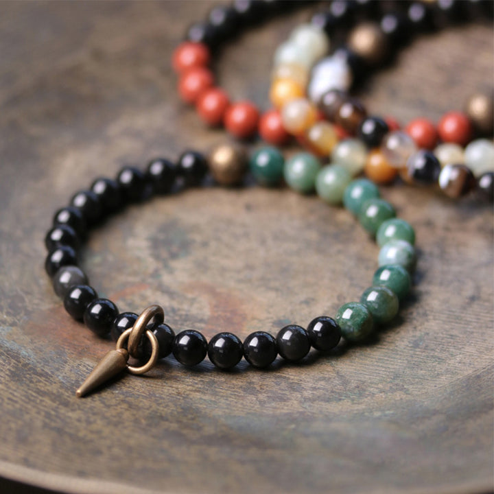Buddha Stones Czarny Obsydian Sodalit Kryształ Miedź Siła Para Bransoletka