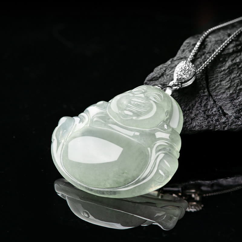 Buddha Stones 925 Srebro Sterling Naturalny Jadeit Śmiejący się Budda Dobrobyt Obfitość Naszyjnik Łańcuch Wisiorek