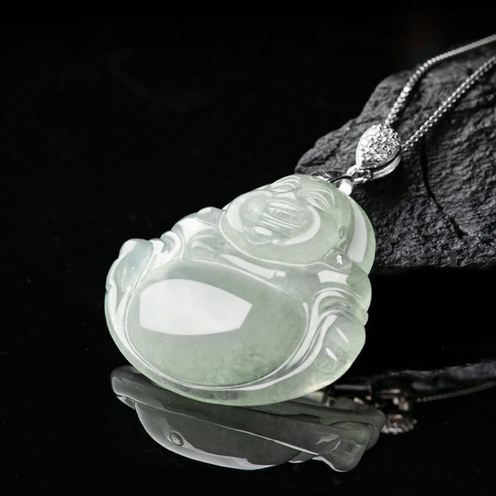 Buddha Stones 925 Srebro Sterling Naturalny Jadeit Śmiejący się Budda Dobrobyt Obfitość Naszyjnik Łańcuch Wisiorek