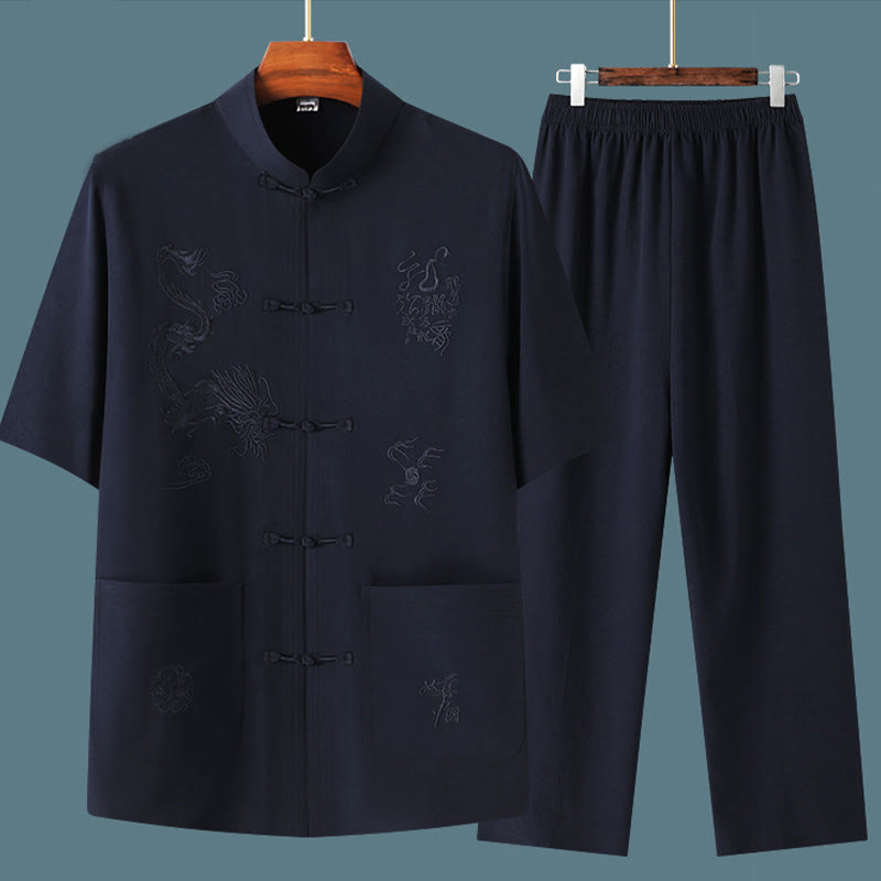 Buddha Stones Tang Suit Hanfu Chiński Smok Tradycyjny Kung Fu Jednolity Krótki Rękaw Topy i Spodnie Odzież Męska Zestaw - image 1