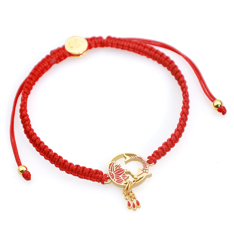 Buddha Stones Tybetańskie Ręcznie Robione Lotus Koi Fish Lucky Bransoletka z Czerwonego Sznurka