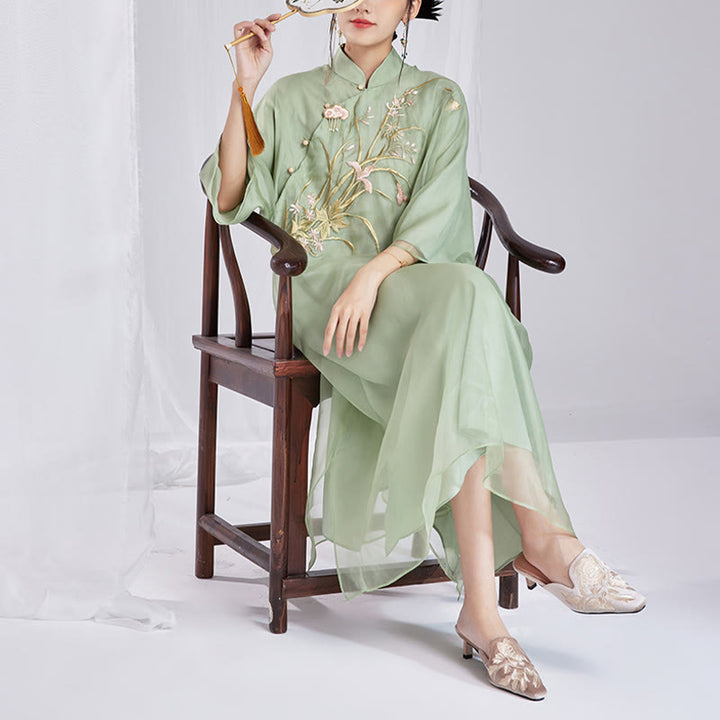 Buddha Stones 100% jedwab morwowy 6 Momme Sukienka Vintage Flower Butterfly Haft Qipao Sukienka damska Cheongsam - image 13
