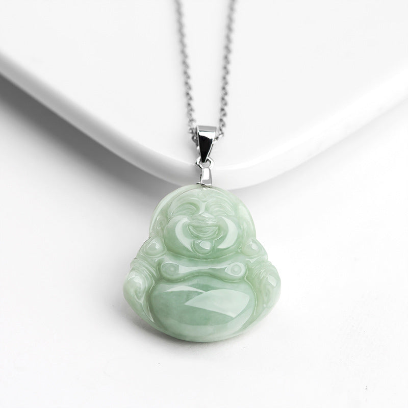 Naszyjnik z Buddha Stones z jadeitu, błogosławieństwem i śmiejącym się Buddą, wykonany ze stali tytanowej - image 3