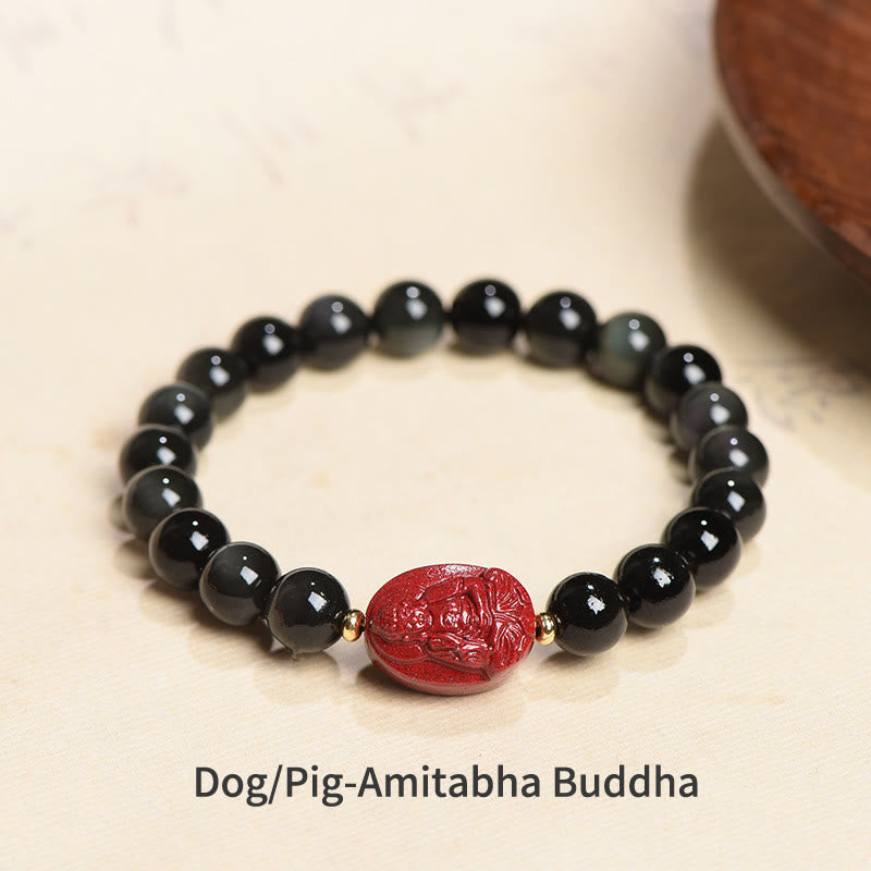 Buddha Stones Chiński Zodiak Natal Budda Naturalny Czarny Obsydian Cynober Oczyszczająca Bransoletka
