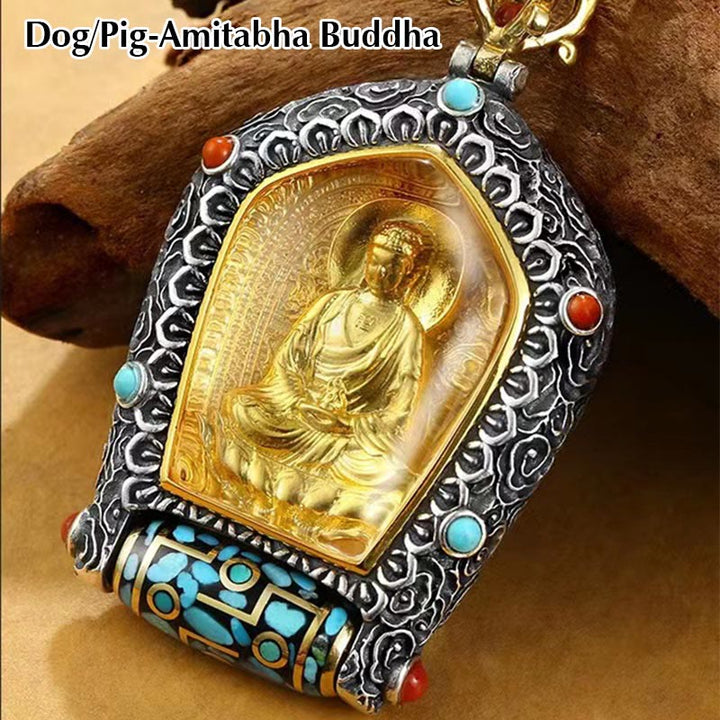 Tybetański chiński zodiak natalny budda thangka dobrobyt obrotowy naszyjnik z koralików dzi wisior - Pies/Świnia-Amitabha Budda - image 13