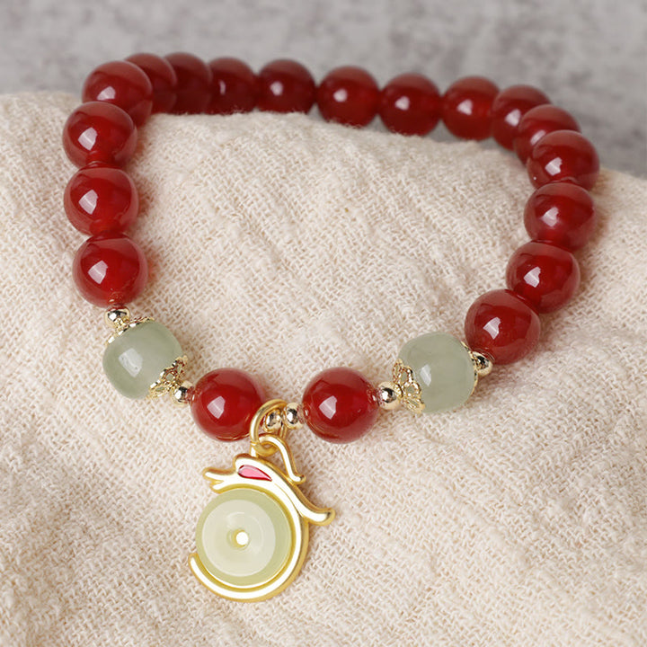 Buddha Stones Rok Smoka Czerwony Agat Jadeit Klamra Pokoju Fu Charakter Bransoletka Sukcesu