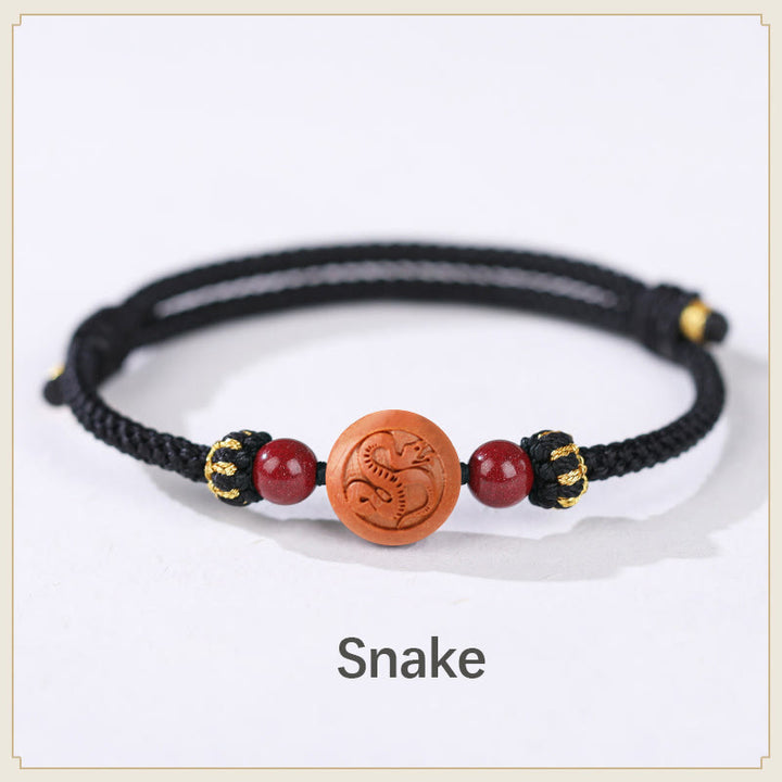 Buddha Stones Naturalne Drewno Brzoskwiniowe Chińskie Zodiak Fu Znak Rzeźbiony Cynober Bransoletka Bogactwa