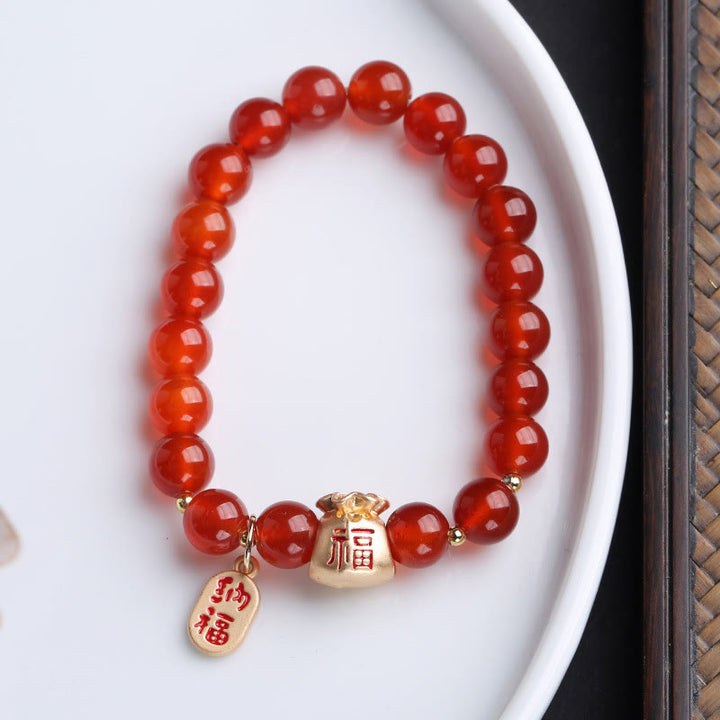 Buddha Stones Naturalny Biały Agat Czerwony Agat Worek Pieniędzy Fu Charakter Czterolistna Koniczyna Bransoletka Ochronna