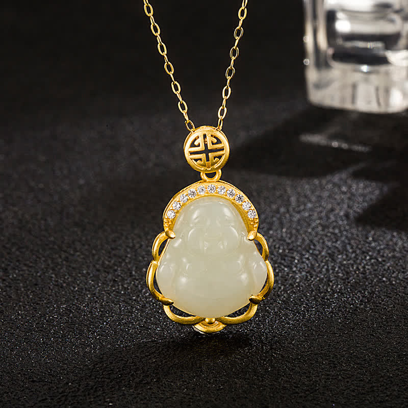 925 Srebrny naszyjnik z zawieszką z śmiejącym się Buddą Hetian White Jade - Biały Jadeit Hetian (Ochrona ♥Szczęście) - image 1