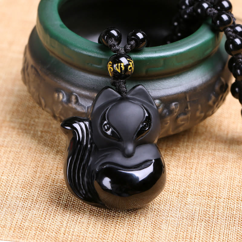Buddha Stones Naturalny Czarny Obsydian Tygrysie Oko Lodowy Obsydian Lis Wisiorek Amulet Naszyjnik