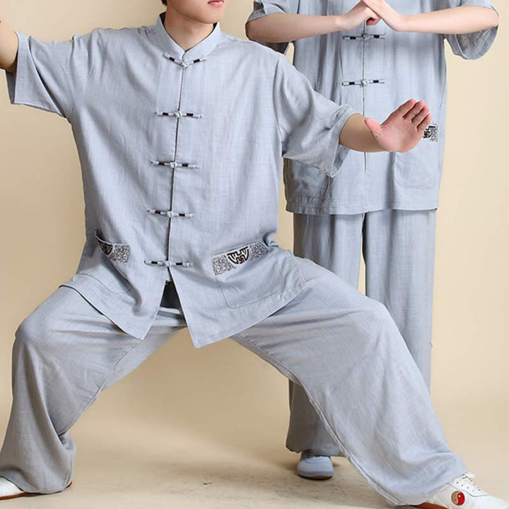 Buddha Stones Medytacja Zen Modlitwa Duchowa Tai Chi Qigong Praktyka Unisex Haft Odzież Zestaw - Krótki rękaw, szary haft - US12, UK/AU16, EU44 (2XL) - image 28