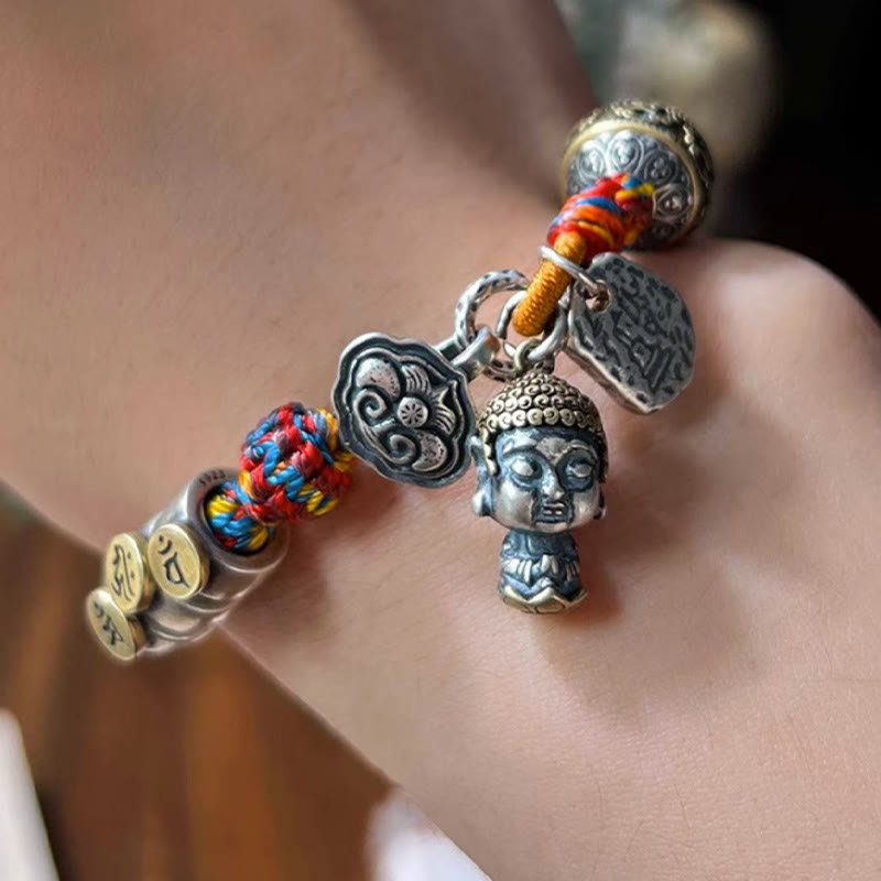 Buddha Stones Ręcznie robione Tybetańskie 925 Srebro Chiński Zodiak Natal Budda Zakiram Bogini Ochrony Bogactwa Wielokolorowa Bransoletka Pleciona Lina