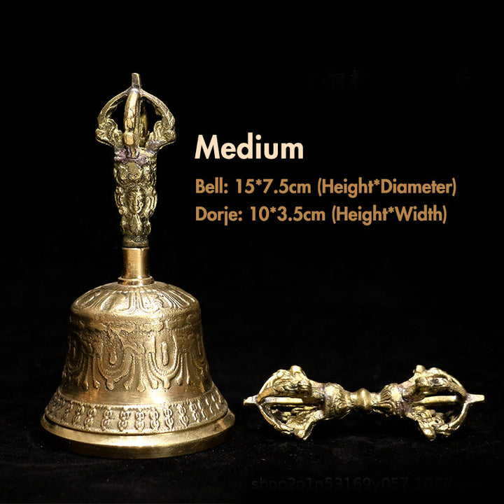 Buddha Stones Tybetański Dzwonek Medytacyjny i Wadżra Dorje Miedziany Zestaw Dekoracyjny - Złoto - Średni - image 14