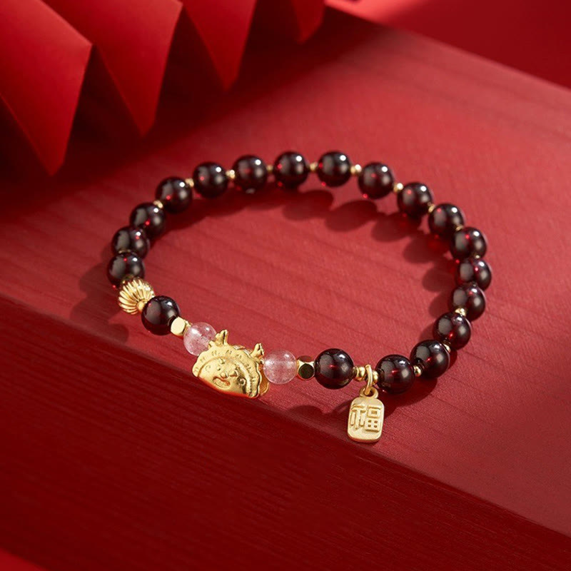 Buddha Stones Rok Smoka Pierożek Naturalny Czerwony Agat Granat Hetian Jade Fu Charakter Szczęście Sukces Bransoletka